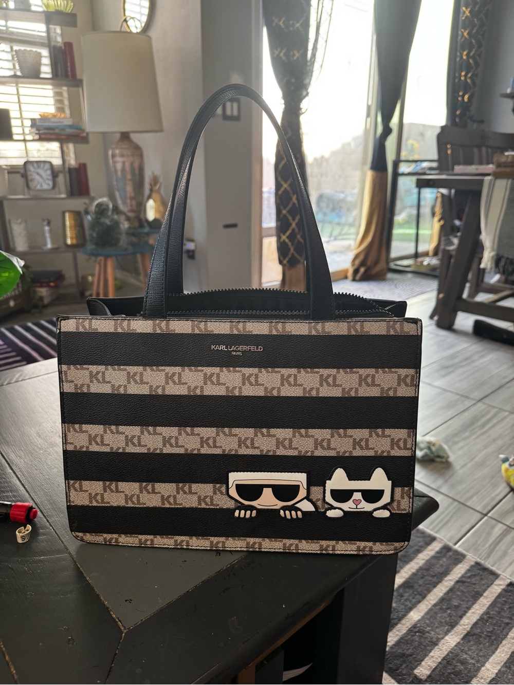 Karl Lagerfeld Black and Beige Striped KL Tote with Icon Patch